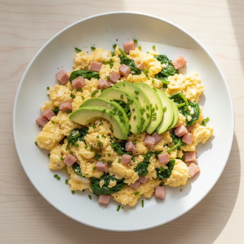 Fluffy Scrambled Eggs with Avocado and Ham