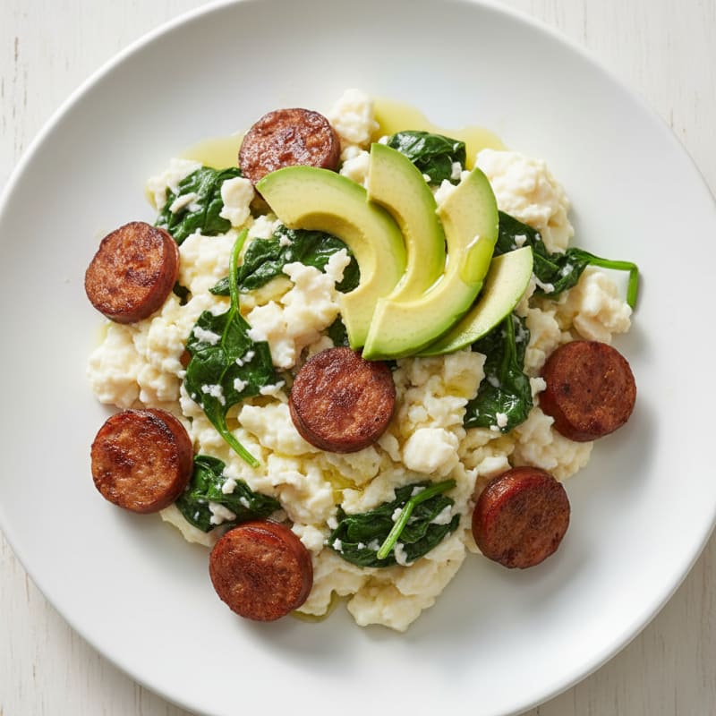 Egg White Scramble with Turkey Sausage and Sautéed Spinach
