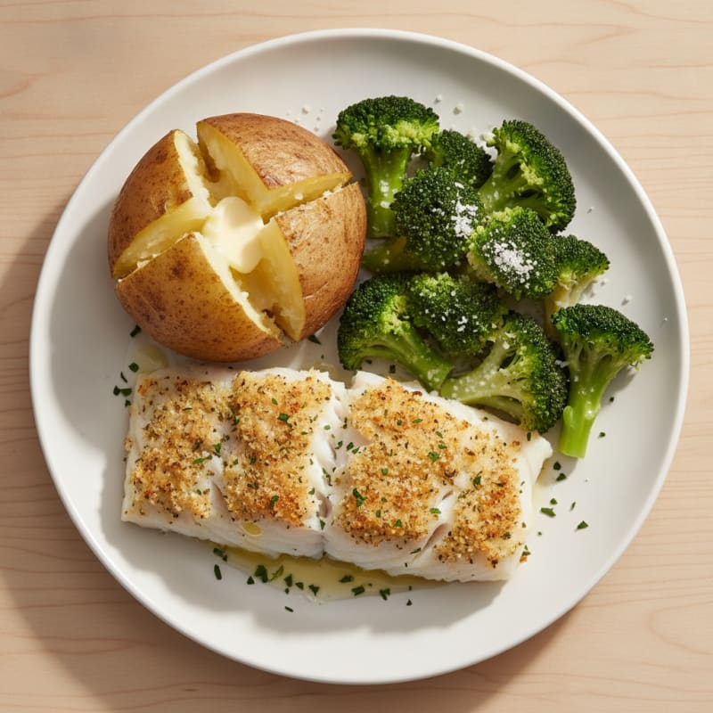 Baked Potato with Herb-Crusted Fish and Steamed Broccoli