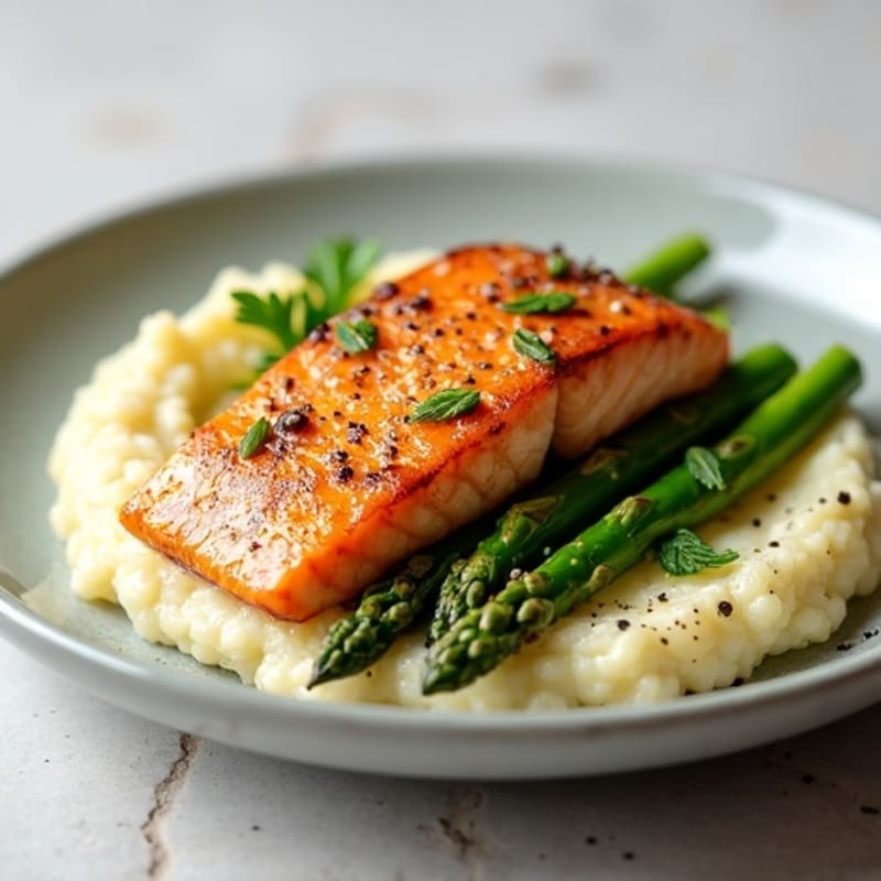 Seared Salmon with Steamed Asparagus and Cauliflower Mash