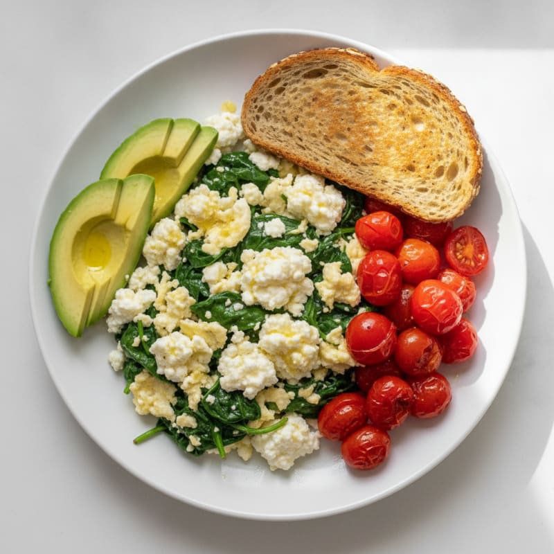 Egg White Spinach Scramble with Cottage Cheese and Cherry Tomatoes