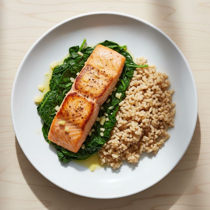 Seared Salmon Fillet with Garlic Spinach and Brown Rice