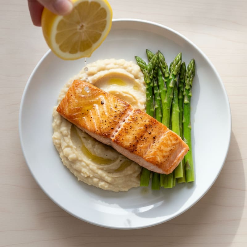Seared Salmon Fillet with Creamy White Bean Mash and Steamed Asparagus