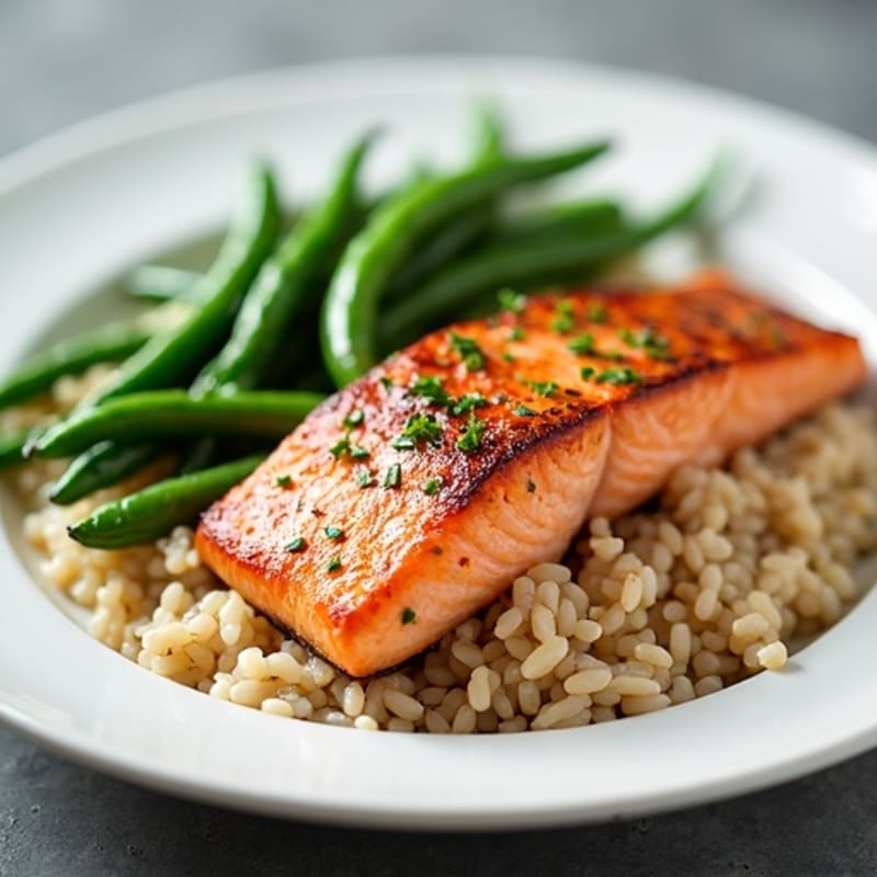 Seared Salmon with Garlic Green Beans and Brown Rice