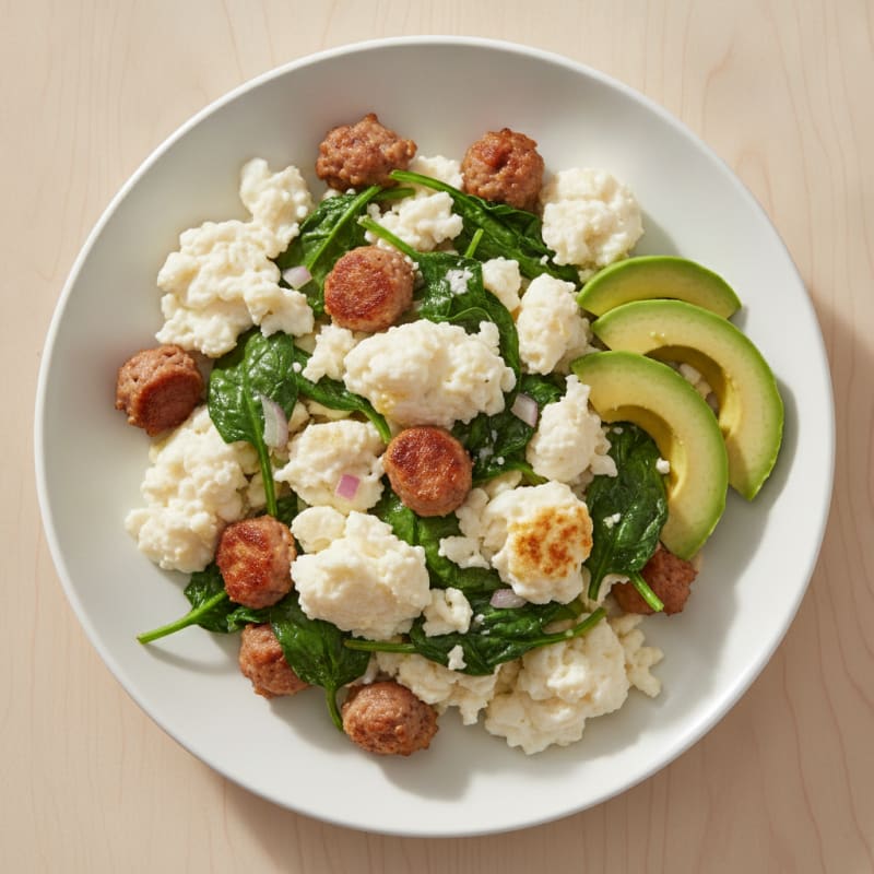 Egg White Scramble with Turkey Sausage and Sautéed Spinach