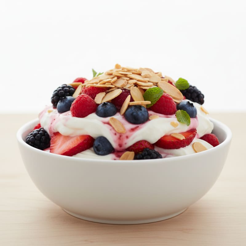 Greek Yogurt Protein Parfait with Mixed Berries and Almonds