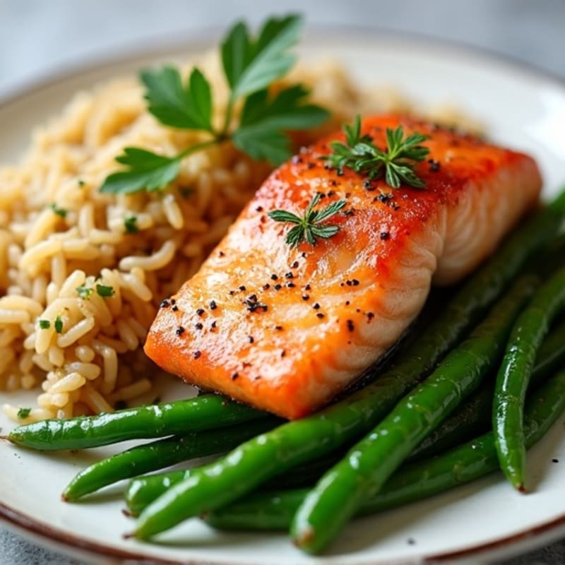 Seared Salmon with Garlic Green Beans and Herb Brown Rice