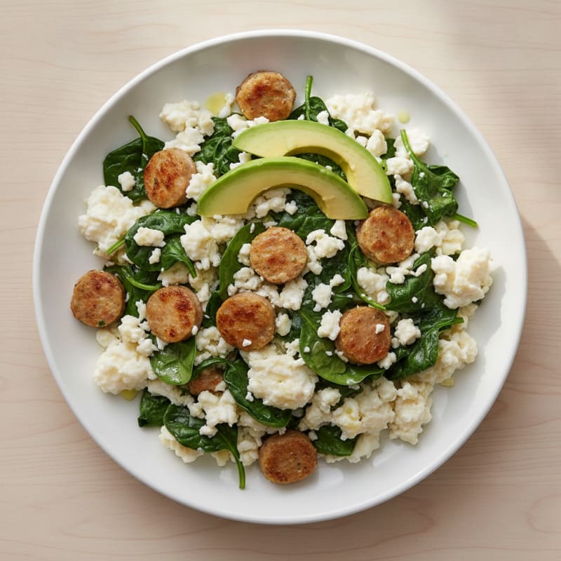 Egg White Scramble with Turkey Sausage and Sautéed Spinach