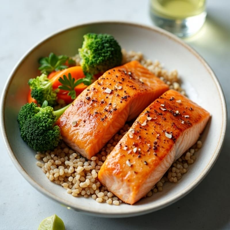 Seared Salmon Brown Rice Bowl with Crispy Vegetables