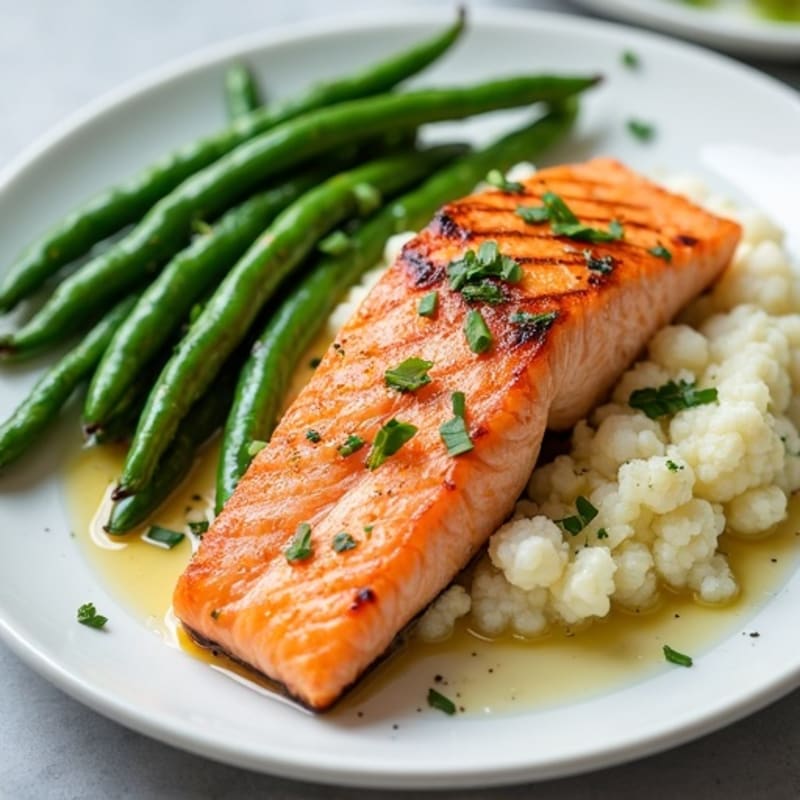 Seared Salmon with Garlic Green Beans and Cauliflower Mash