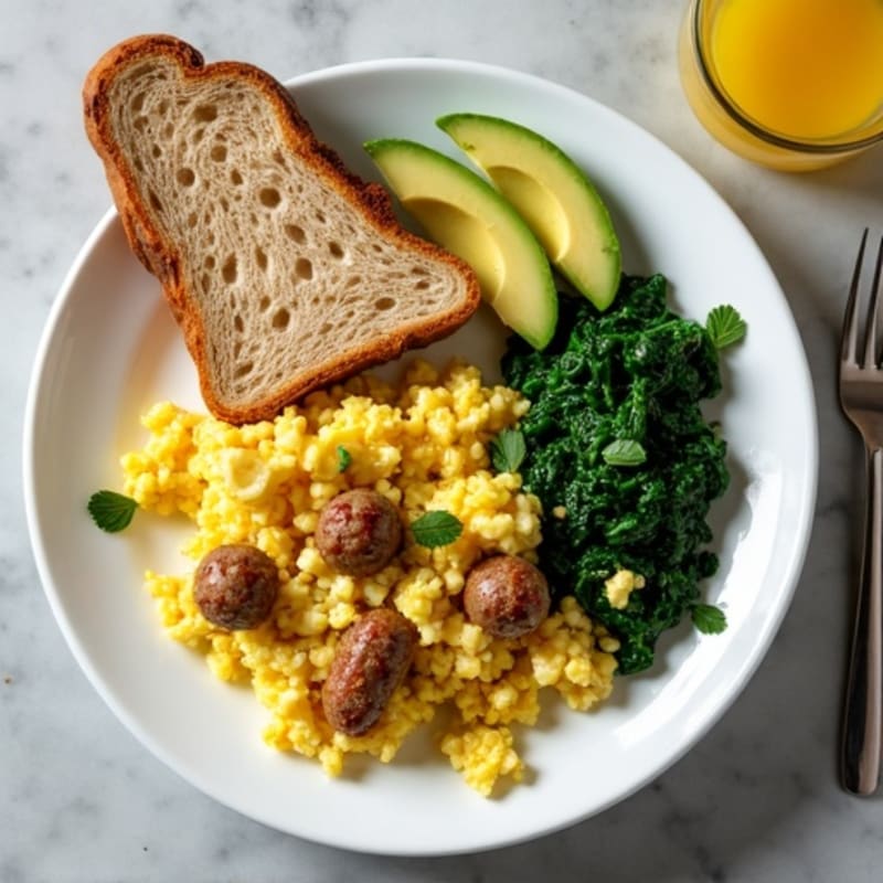 Egg White Scramble with Turkey Sausage and Sautéed Spinach