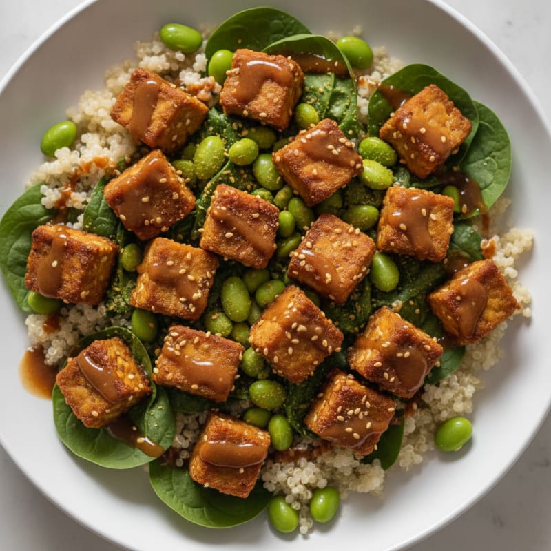 Crispy Tempeh Power Bowl with Quinoa and Edamame