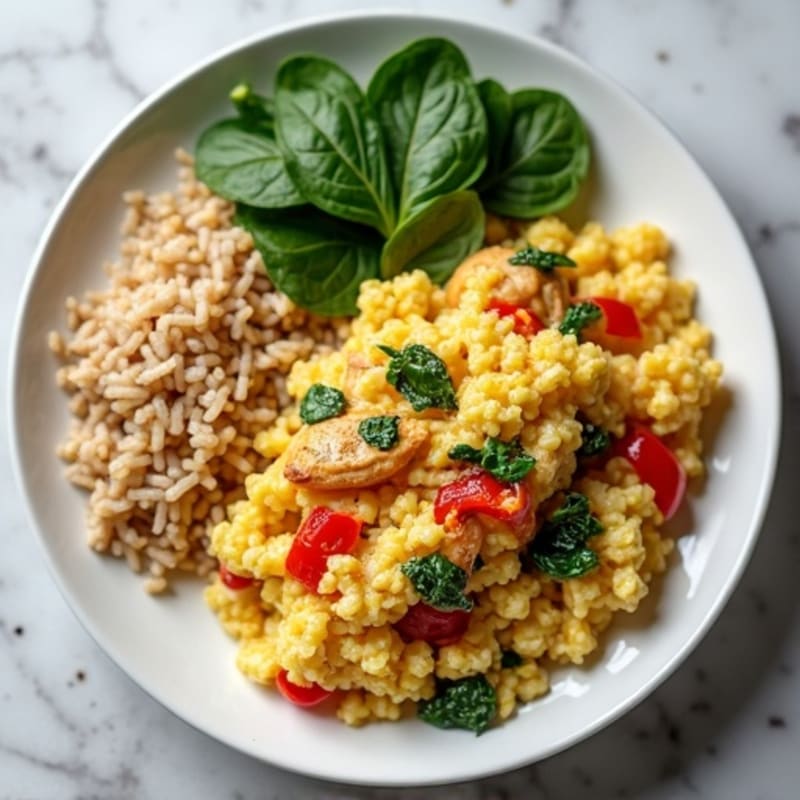 Egg White and Chicken Veggie Scramble with Brown Rice