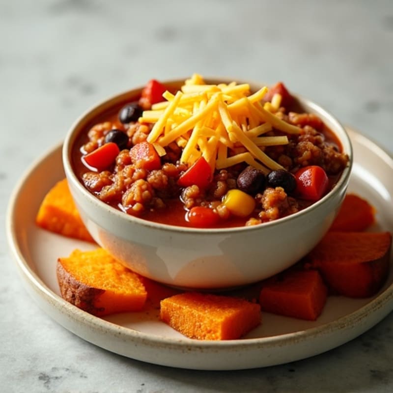 Hearty Lean Turkey Chili with Creamy Sharp Cheddar over Crispy Roasted Sweet Potatoes