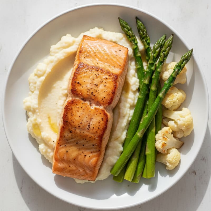 Seared Salmon with Roasted Asparagus and Cauliflower Mash