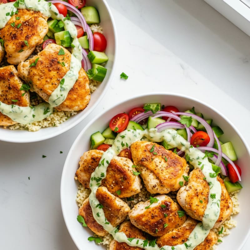 Crispy Lemon-Herb Chicken Shawarma Bowls