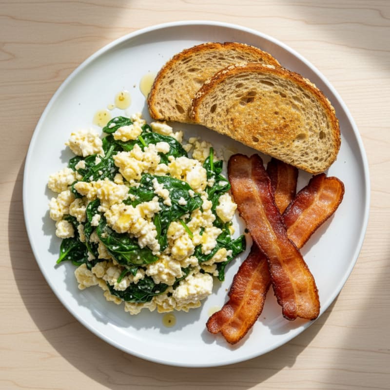 Cottage Cheese Scramble with Spinach and Turkey Bacon