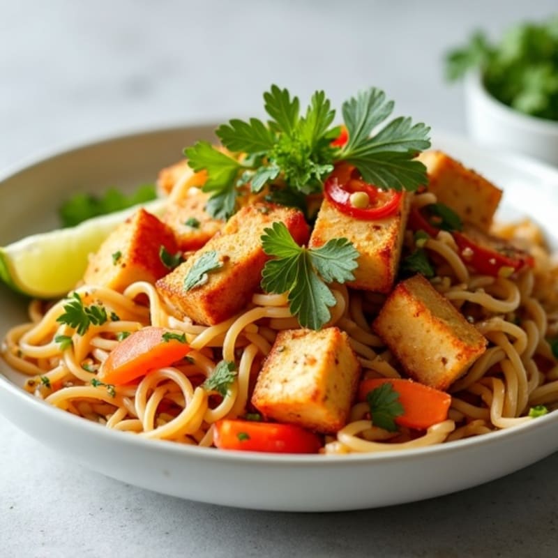 Creamy Thai Peanut Noodles with Crispy Tofu and Fresh Vegetables