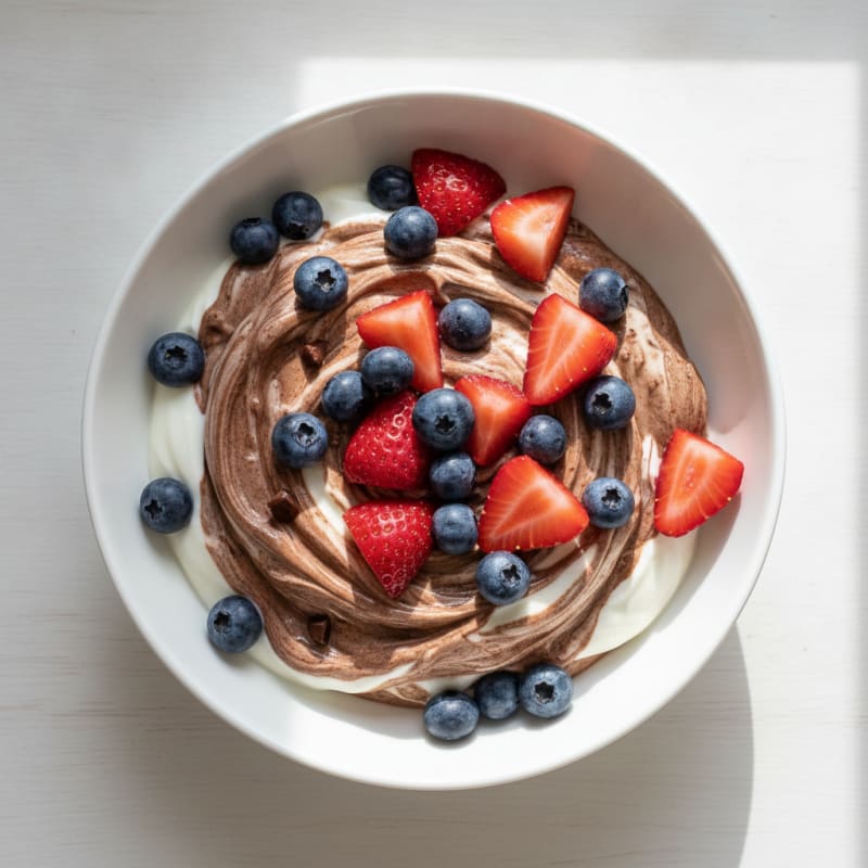 Vanilla Greek Yogurt with Chocolate Protein Powder and Fresh Berries