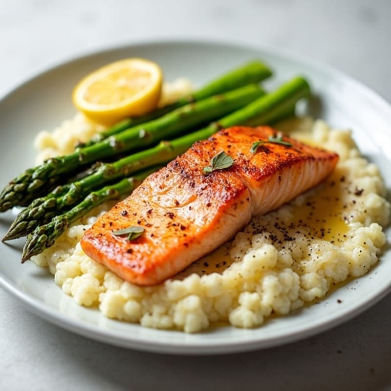 Seared Salmon Fillet with Steamed Asparagus and Cauliflower Mash