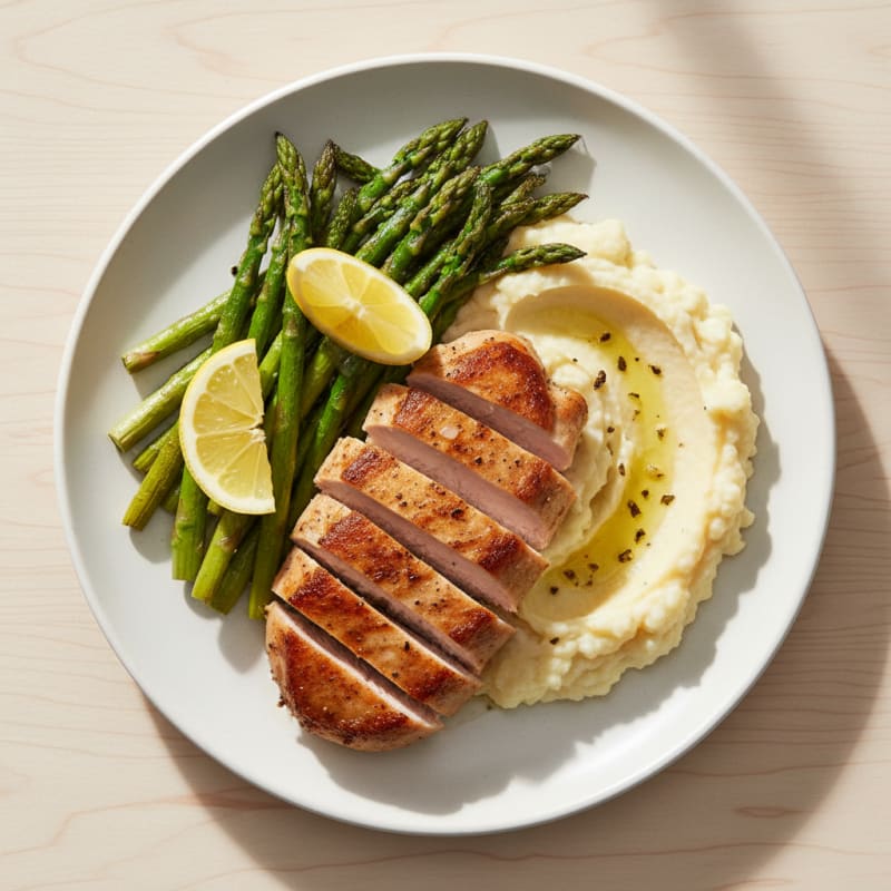 Seared Turkey Breast with Roasted Asparagus and Cauliflower Mash