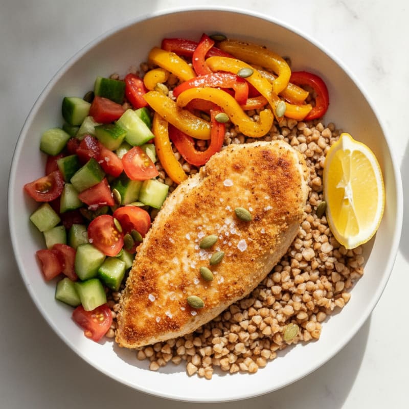 Crispy Chicken Buckwheat Bowl with Sautéed Peppers