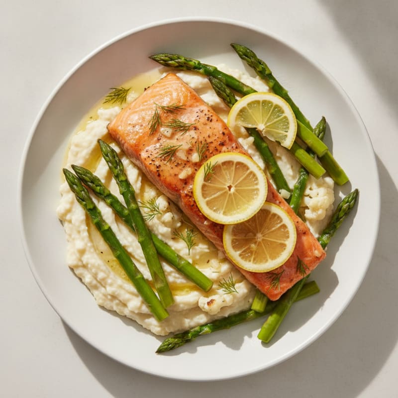 Baked Salmon Fillet with Steamed Asparagus and Cauliflower Mash