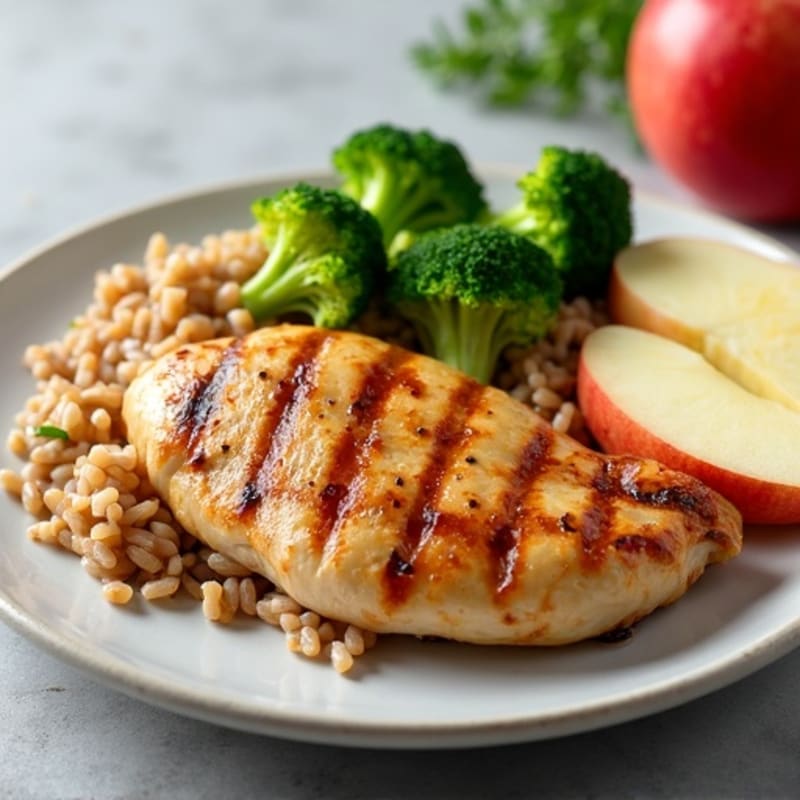 Grilled Chicken Breast with Brown Rice, Steamed Broccoli and Apple Slices