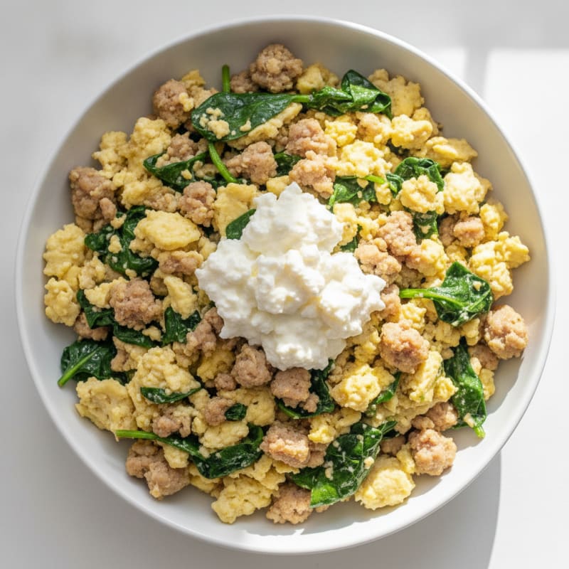 Egg White and Turkey Sausage Scramble with Spinach and Cottage Cheese