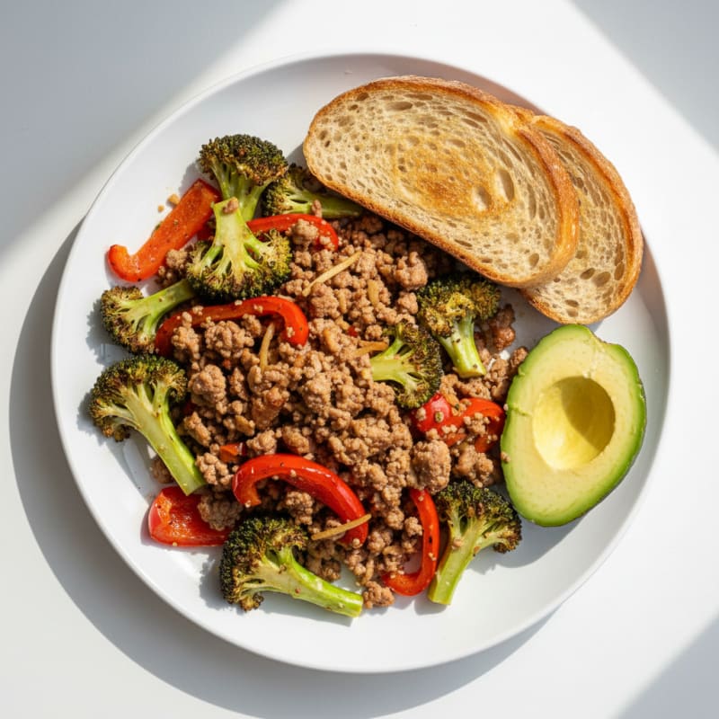 Ground Turkey Stir Fry with Roasted Vegetables