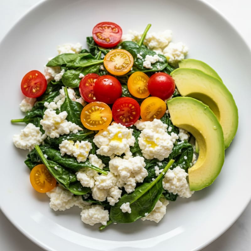 Egg White Spinach Scramble with Cottage Cheese and Fresh Tomatoes