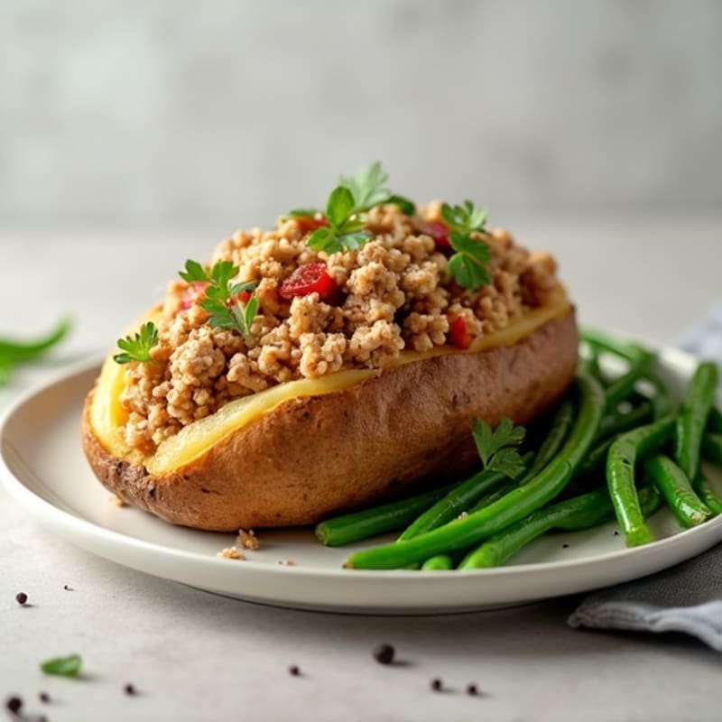 Loaded Baked Potato with Lean Ground Turkey and Steamed Green Beans
