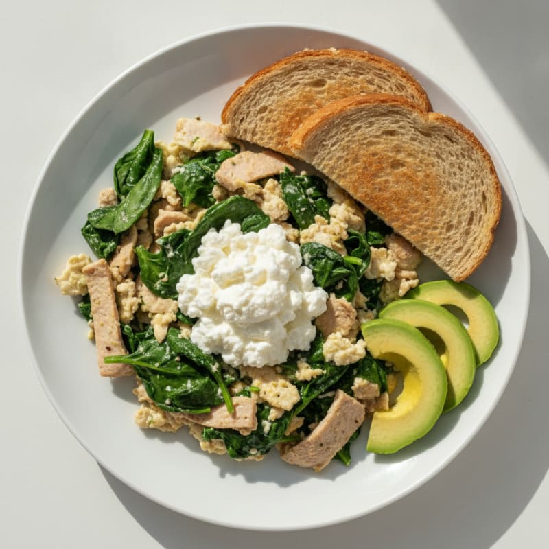 Egg White and Spinach Scramble with Cottage Cheese and Sliced Turkey