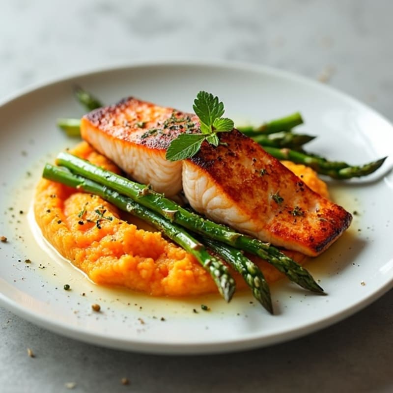 Seared Salmon with Roasted Asparagus and Sweet Potato Mash