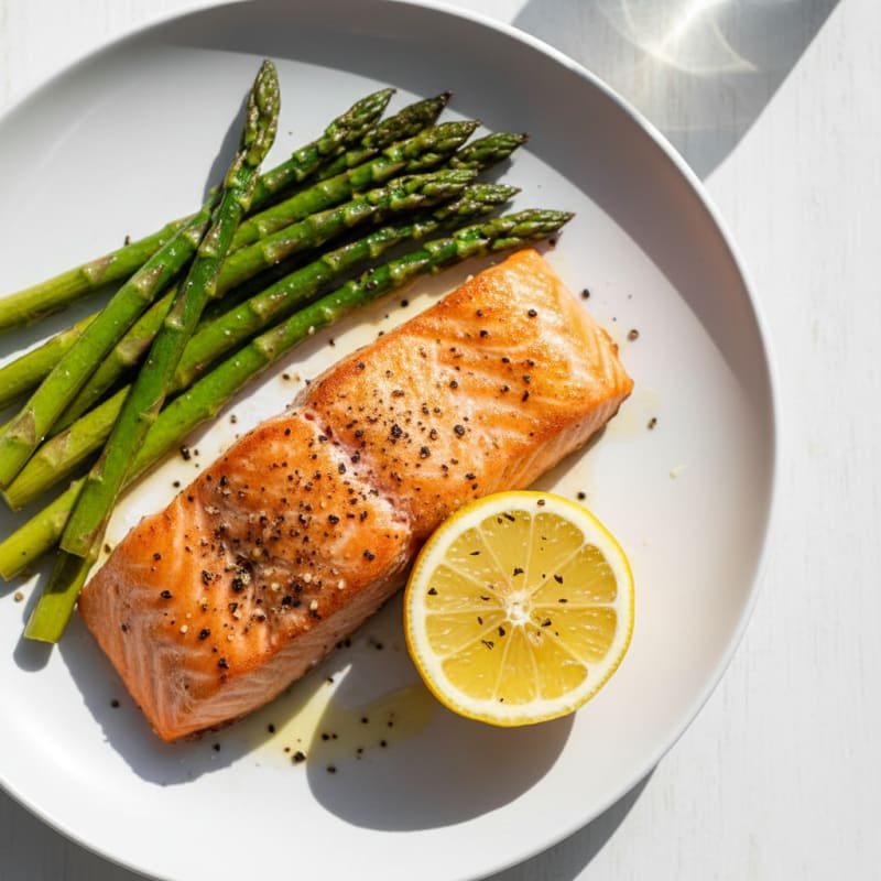 Seared Salmon Fillet with Roasted Asparagus and Lemon