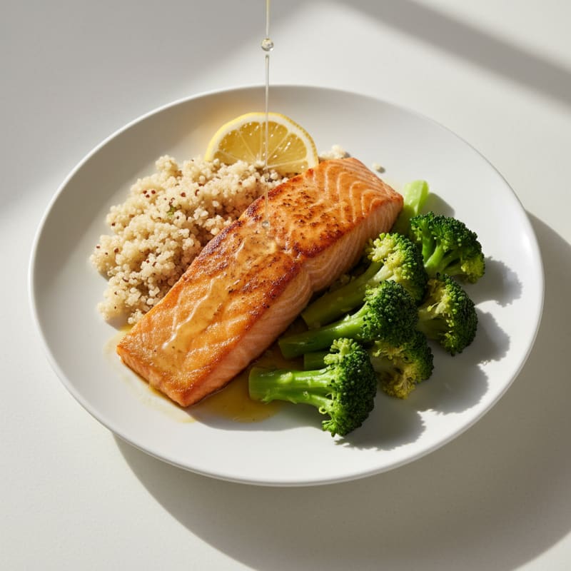 Seared Salmon Fillet with Steamed Broccoli and Quinoa
