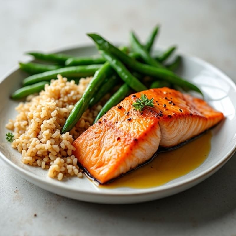 Seared Salmon with Garlic Green Beans and Brown Rice
