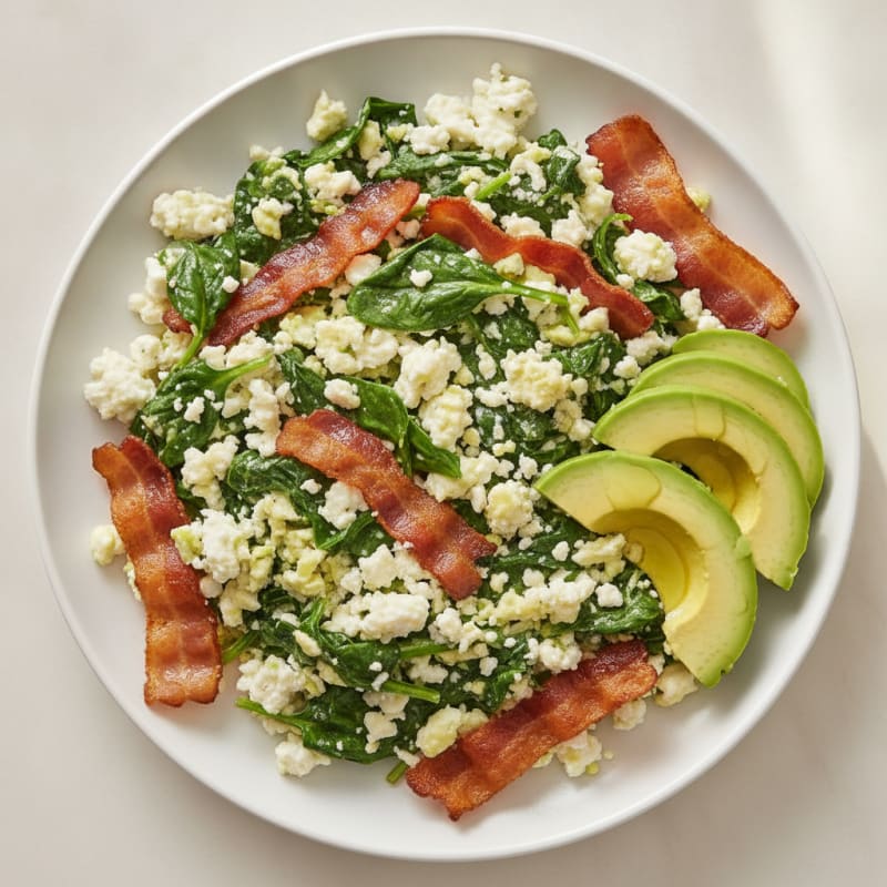 Egg White and Cottage Cheese Scramble with Spinach and Turkey Bacon