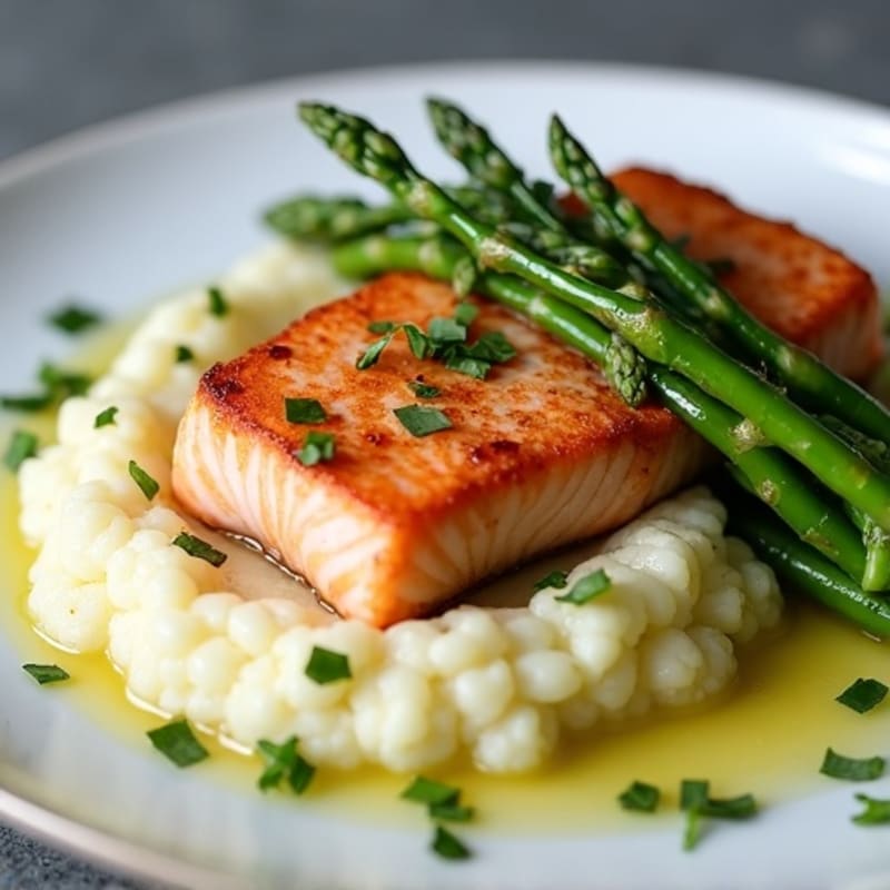 Seared Salmon with Steamed Asparagus and Cauliflower Mash
