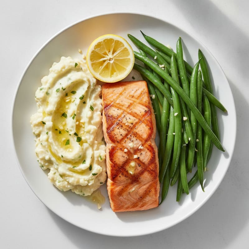 Seared Salmon Fillet with Steamed Green Beans and Garlic Mashed Cauliflower