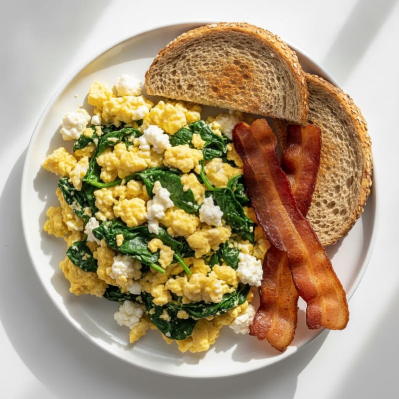Cottage Cheese Egg Scramble with Spinach and Turkey Bacon