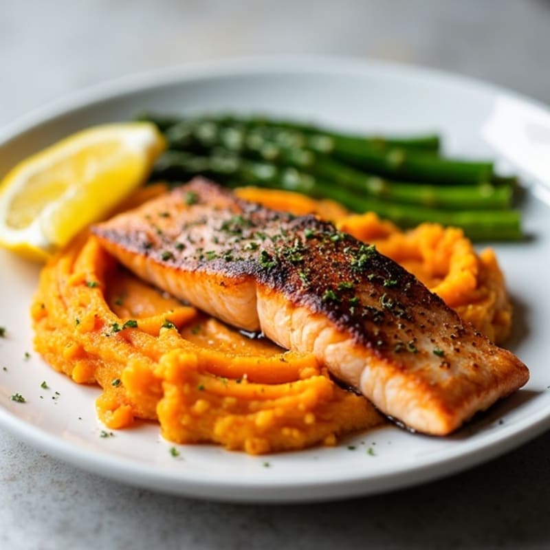 Seared Salmon Fillet with Steamed Asparagus and Sweet Potato Mash