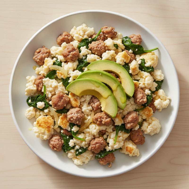 Egg White and Turkey Sausage Scramble with Sautéed Spinach