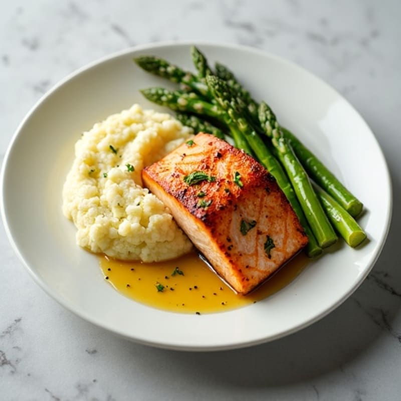 Seared Salmon with Steamed Asparagus and Mashed Cauliflower