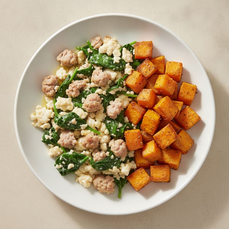 Egg White and Turkey Sausage Scramble with Spinach and Roasted Sweet Potatoes