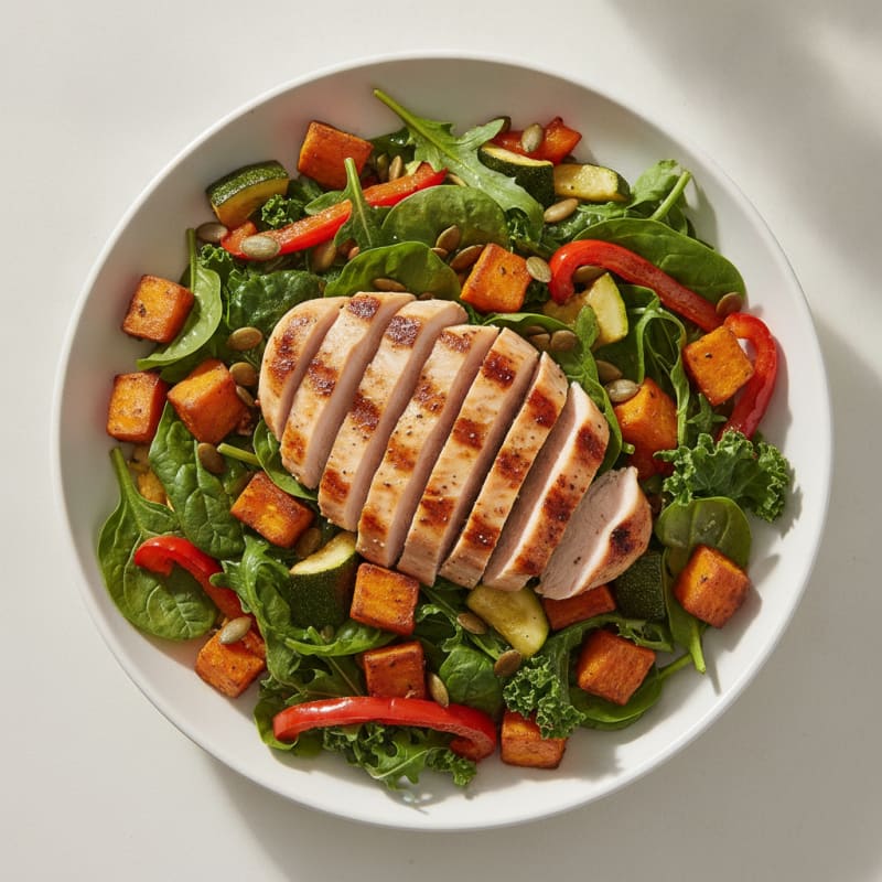 Grilled Chicken and Roasted Vegetable Salad with Pumpkin Seeds