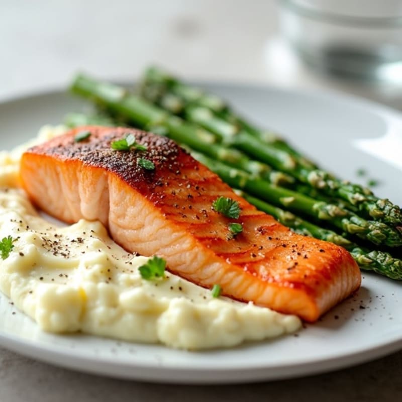 Seared Salmon with Steamed Asparagus and Mashed Cauliflower