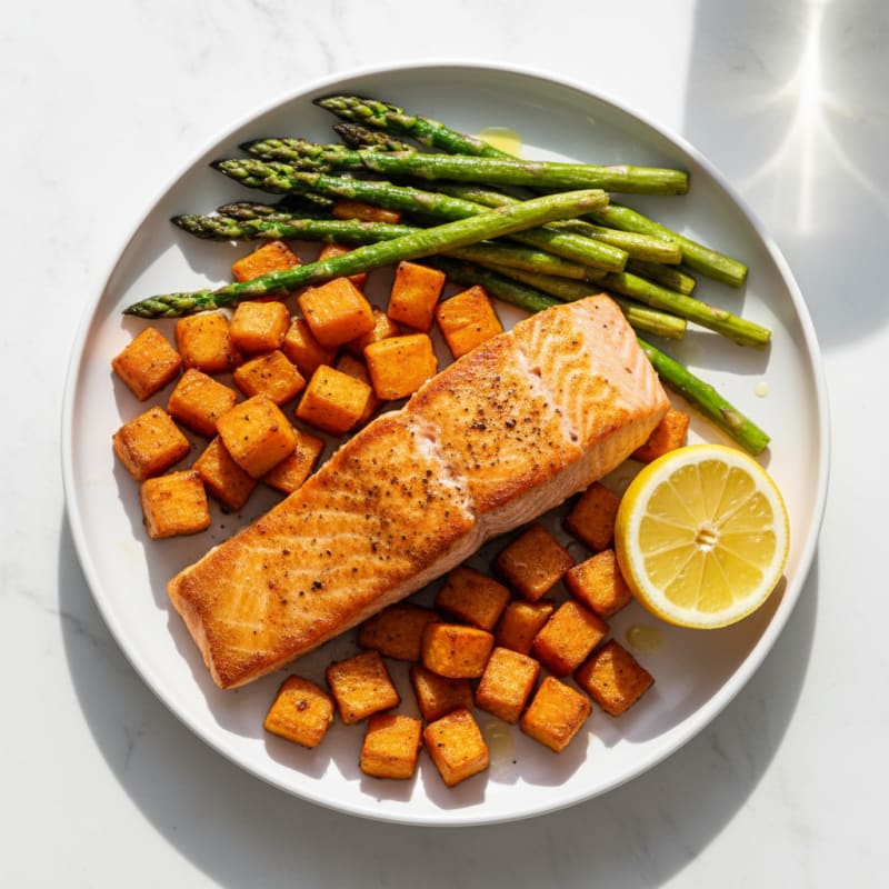 Seared Salmon with Roasted Sweet Potatoes and Asparagus