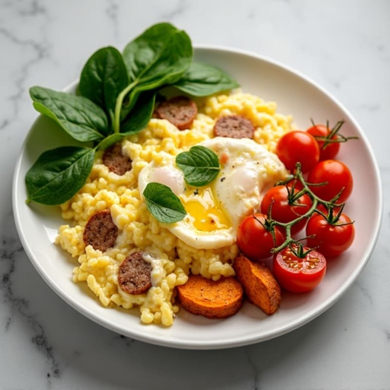 Egg White Scramble with Turkey Sausage and Roasted Sweet Potatoes