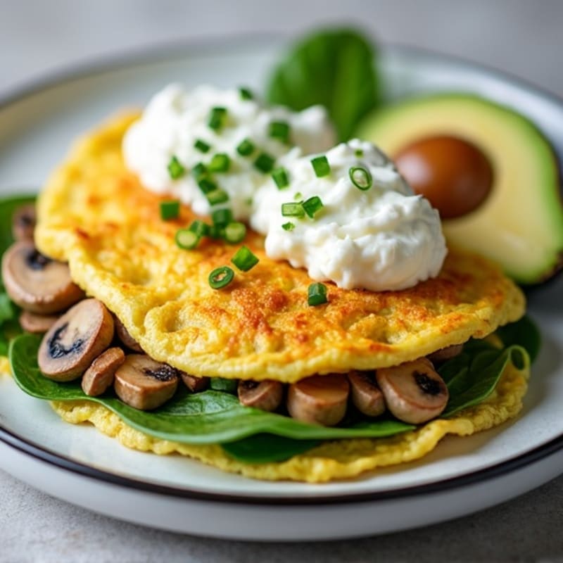 Egg White Spinach Omelette with Cottage Cheese and Sautéed Mushrooms